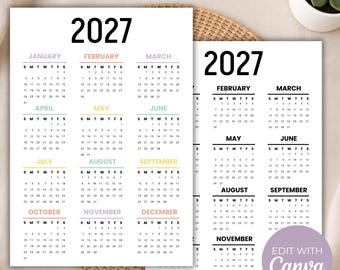 2027 Calendar Printable, Year at a Glance Wall Calendar, Editable Canva, One Page 2027 Yearly Planner, A4 A5 US Letter, Color & BW