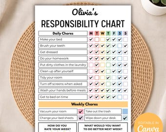 Responsibility Chart for Kids, Editable Routine Chart Printable, Daily Routine Checklist, Kids Reward Behavior Chart, Canva