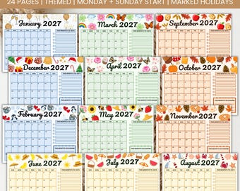 2027 Calendar Printable | 2027 Monthly Wall Calendar | Family Planner | Sunday Monday Start | Illustrated Landscape | US Letter PDF
