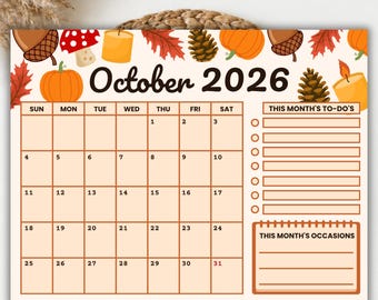 October 2026 Calendar Printable | Monthly Wall Calendar | Family Planner Landscape | Sunday Monday Start | Illustrated Calendar