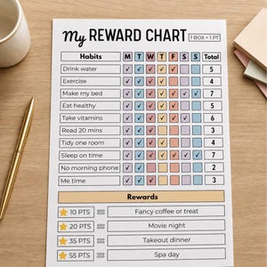 May include: A white paper reward chart titled My REWARD CHART with a table listing habits like Drink water and Exercise, columns for days of the week marked with checkmarks, and a section at the bottom for rewards like Fancy coffee or treat.
