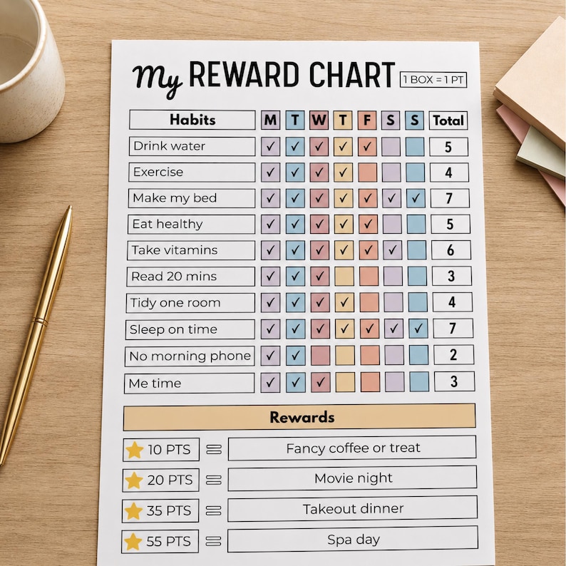 May include: A white paper reward chart titled My REWARD CHART with a table listing habits like Drink water and Exercise, columns for days of the week marked with checkmarks, and a section at the bottom for rewards like Fancy coffee or treat.