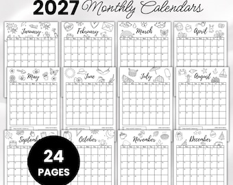2027 Calendar Printable, Monthly Calendar 2027, Dated & Undated Wall Calendar, Sunday Start, A4 A5, Cute Bujo Monthly Planner PDF