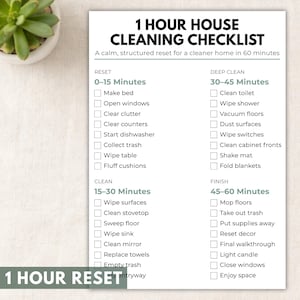 May include: A white paper checklist titled 1 HOUR HOUSE CLEANING CHECKLIST with sections for tasks categorized by time intervals from 0 to 60 minutes. The list includes checkboxes for household chores like making the bed, vacuuming, and mopping.
