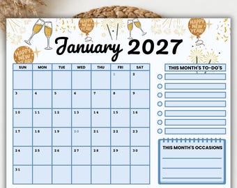 January 2027 Calendar Printable | Monthly Wall Calendar | Family Planner Landscape | Sunday Monday Start | Illustrated Calendar