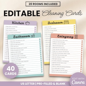 May include: A set of editable cleaning cards featuring 20 rooms, including kitchen, bedroom, bathroom, and entryway checklists. The cards are US letter size, pre-filled and blank, with checkboxes for tasks. The text reads 20 ROOMS INCLUDED, EDITABLE Cleaning Cards, 40 CARDS, and EDIT WITH Canva.