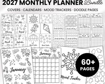 2027 Monthly Planner Pages, Seasonal Coloring Calendar & Mood Tracker Printable, Illustrated Journal Bundle, A4 A5 PDF, Instant Download