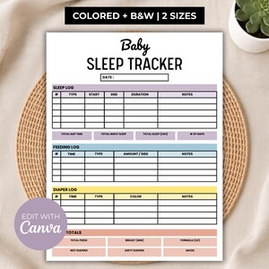 Op de afbeelding: Een printbaar baby-slaapdagboek met secties voor slaap-, voedings- en luierlogboeken met kopteksten voor datum, tijd, duur en notities. De lay-out bevat gekleurde balken in paars, blauw, geel en perzik met zwarte tekst.
