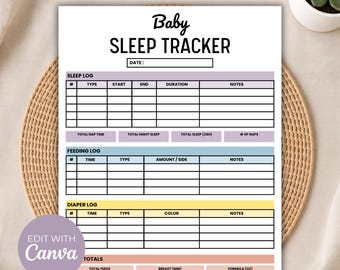 Baby Sleep Tracker Printable | Newborn Sleep Log & Feeding Diaper Chart | Editable Canva | Baby Daily Log | Sleep Tracker A4 US Letter