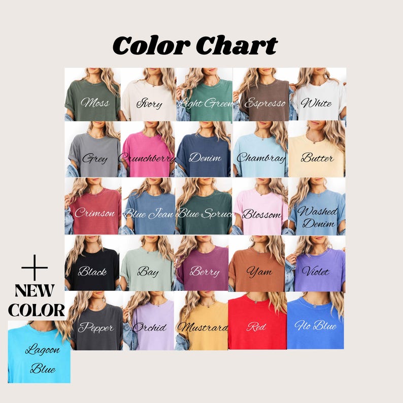 Pode incluir: Um gr&aacute;fico de cores exibe v&aacute;rias cores de camisetas, incluindo Moss, Ivory, Light Green, Espresso, White, Grey, Crunchberry, Denim, Chambray e Butter. Cores adicionais s&atilde;o Crimson, Blue Jean, Blue Spruce, Blossom, Washed Denim, Black, Bay, Berry, Yam e Violet.