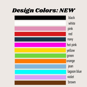 Pode incluir: Um gr&aacute;fico de paleta de cores com o texto "Design Colors: NEW". A paleta exibe barras horizontais de v&aacute;rias cores, incluindo preto, branco, rosa, vermelho, azul marinho, rosa choque, amarelo, verde, laranja, jeans, azul lagoa, violeta e marrom.