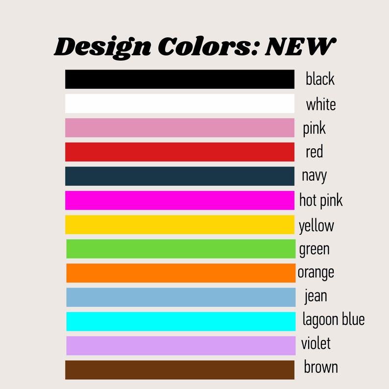 Pode incluir: Um gr&aacute;fico de paleta de cores com o texto "Design Colors: NEW". A paleta exibe barras horizontais de v&aacute;rias cores, incluindo preto, branco, rosa, vermelho, azul marinho, rosa choque, amarelo, verde, laranja, jeans, azul lagoa, violeta e marrom.