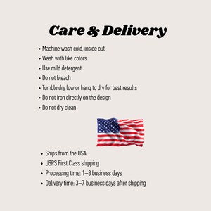 Pode incluir: Fundo branco com o texto "Care & Delivery" em negrito, preto. Abaixo, marcadores com instru&ccedil;&otilde;es de cuidado, seguidos por uma bandeira americana. Marcadores adicionais detalham informa&ccedil;&otilde;es de envio.