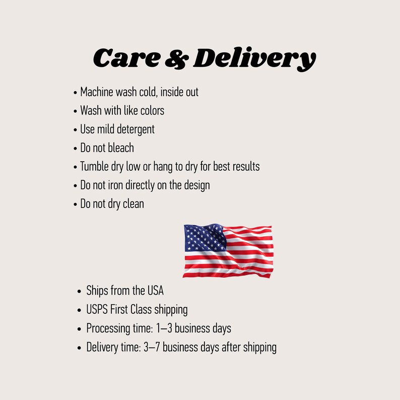 Pode incluir: Fundo branco com o texto "Care & Delivery" em negrito, preto. Abaixo, marcadores com instru&ccedil;&otilde;es de cuidado, seguidos por uma bandeira americana. Marcadores adicionais detalham informa&ccedil;&otilde;es de envio.