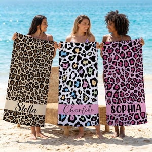 Leopard Print Personalized Beach Towel, Custom Bachelorette Gift, Bride Beach Towel, Summer Vacation & Pool Party Essential for Girls
