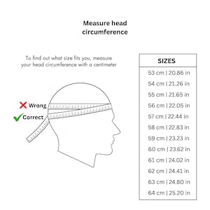 May include: Diagram illustrating how to measure head circumference with a centimeter tape measure. Includes a size chart with measurements in centimeters and inches, ranging from 53 cm (20.86 in) to 64 cm (25.20 in).