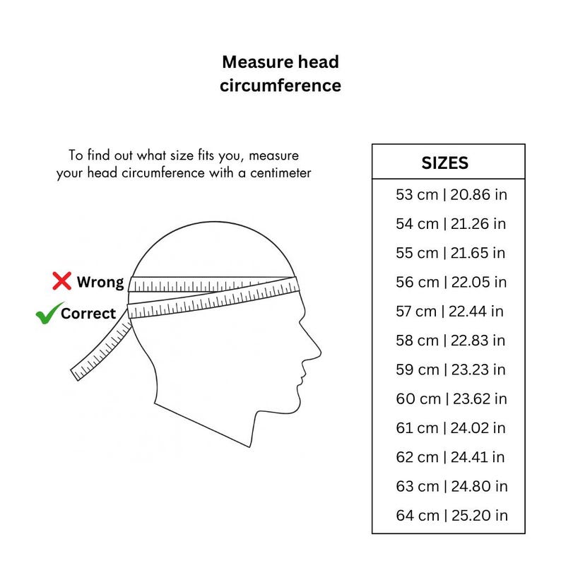 May include: Diagram illustrating how to measure head circumference with a centimeter tape measure. Includes a size chart with measurements in centimeters and inches, ranging from 53 cm (20.86 in) to 64 cm (25.20 in).