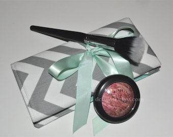Chevron Makeup Brush Roll // Grey and Mint Brush Organizer - Padded Brush Roll - Gift for Her - Bridesmaid Gift - Made to Order