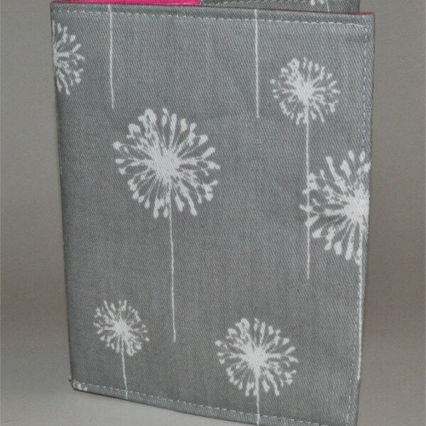 Ready to Ship - Handmade Fabric Passport Cover. Grey and White Dandelions. Pink Lining.