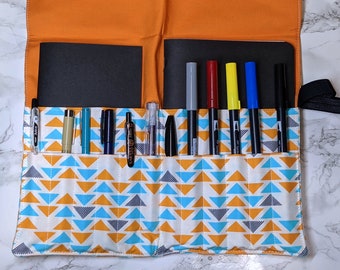 SAMPLE SALE - Foray Pen Roll - Notebook & Marker Organizer - Sketchbook Storage - Fabric Artist Roll - Geometric Shapes - Ready to Ship