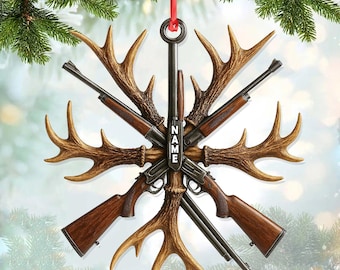 Custom Name Hunting Ornament, Antlers and Rifles Christmas Decor for Hunters