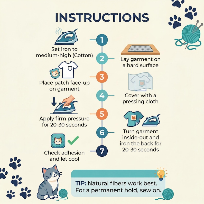 May include: An instructional graphic for applying iron-on patches, featuring seven numbered steps with icons of an iron, a garment, and a pressing cloth. The text includes instructions like Set iron to medium-high, Cover with a pressing cloth, and a tip about natural fibres.