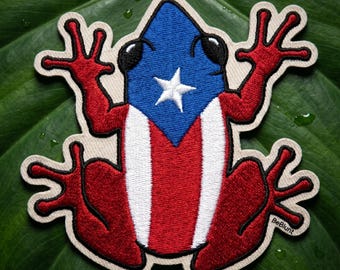 Coqui Frog Puerto Rico Flag Embroidered Patch, Tropical Animal Iron On Badge (3-6 Inches)