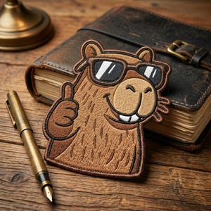 May include: Embroidered patch featuring a cartoon beaver wearing sunglasses and giving a thumbs-up. The patch is brown with black and white accents. The patch is on a wooden surface next to a leather-bound journal and a brass pen.