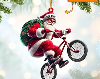 Santa Rides A Bike Christmas Ornament, Personalized Ornament