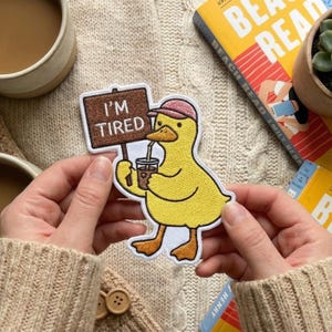 Funny Duck Reading Patch: "I'm Tired" Embroidered Iron-On for Jackets, Backpacks