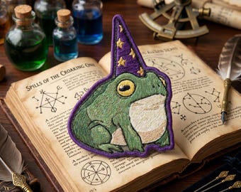 Magic Frog Wizard Patch, Embroidered Iron On Badge, Fantasy Animal (3-6 Inches)