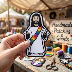 May include: A white patch featuring a cartoon depiction of Jesus with a rainbow sash. The patch is held in a hand, with other patches, spools of thread, and a sign that reads "Handmade Patches & Goods" in the background.