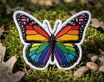 LGBT Butterfly Embroidered Patch, Rainbow Pride Butterfly Iron On Sew On Applique, Cute Queer Aesthetic Badge Gift