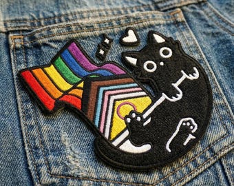 Progressive Pride Cat Embroidered Patch – LGBTQ+ Rainbow Cat Iron On (3–6 Inches)