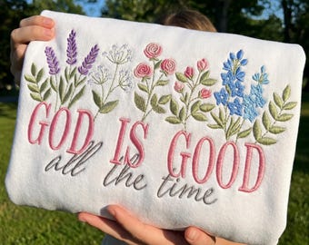 Diseño de bordado floral: Frase "Dios es bueno", dicho cristiano (descarga digital)