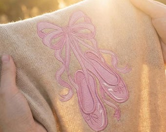 Pink Ballet Shoes Embroidery Design, Bow Dance Machine File (Digital Download)