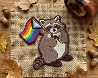 Pride Raccoon Embroidered Patch – LGBTQ+ Progress Flag Iron On (3–6 Inches)