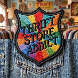 May include: A shield-shaped embroidered patch featuring a vibrant rainbow sunburst pattern in red, orange, yellow, green, blue, and purple. The black text THRIFT STORE ADDICT is stitched across the center. The patch has a thick black border.