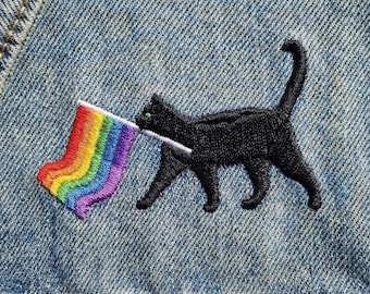 Embroidered Cat Patch – Rainbow Pride Flag, Iron On Sew On (3–6 Inches)