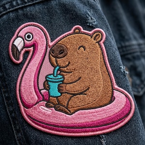 May include: Embroidered patch featuring a brown capybara drinking from a blue cup while floating on a pink flamingo pool float. The patch is stitched with pink, brown, and blue thread, and is attached to a denim jacket.
