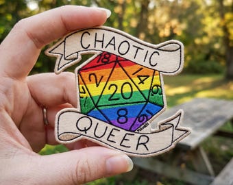Chaotic Queer D20 Embroidered Patch, Rainbow RPG Dice Iron On Sew On Applique, LGBTQ+ Gamer Badge Gift