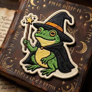 May include: Embroidered patch featuring a green frog wearing a black wizard hat and cape, holding a wand with a star. The patch is on a brown leather-bound book with gold embossed celestial designs and text.