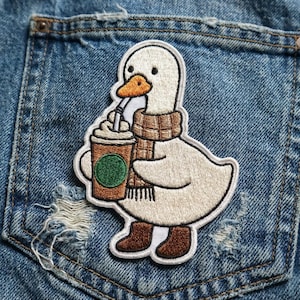 Coffee Goose Embroidered Patch – Animal Meme Iron On Jacket Backpack Applique
