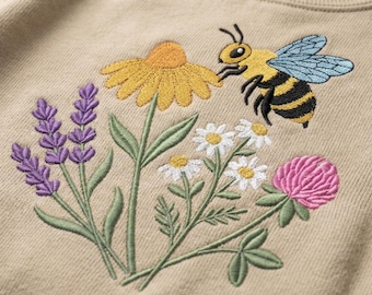 ミツバチと野花の刺繍デザイン、デイジーとラベンダーの庭の花のミシン刺繍ファイル（デジタルダウンロード）