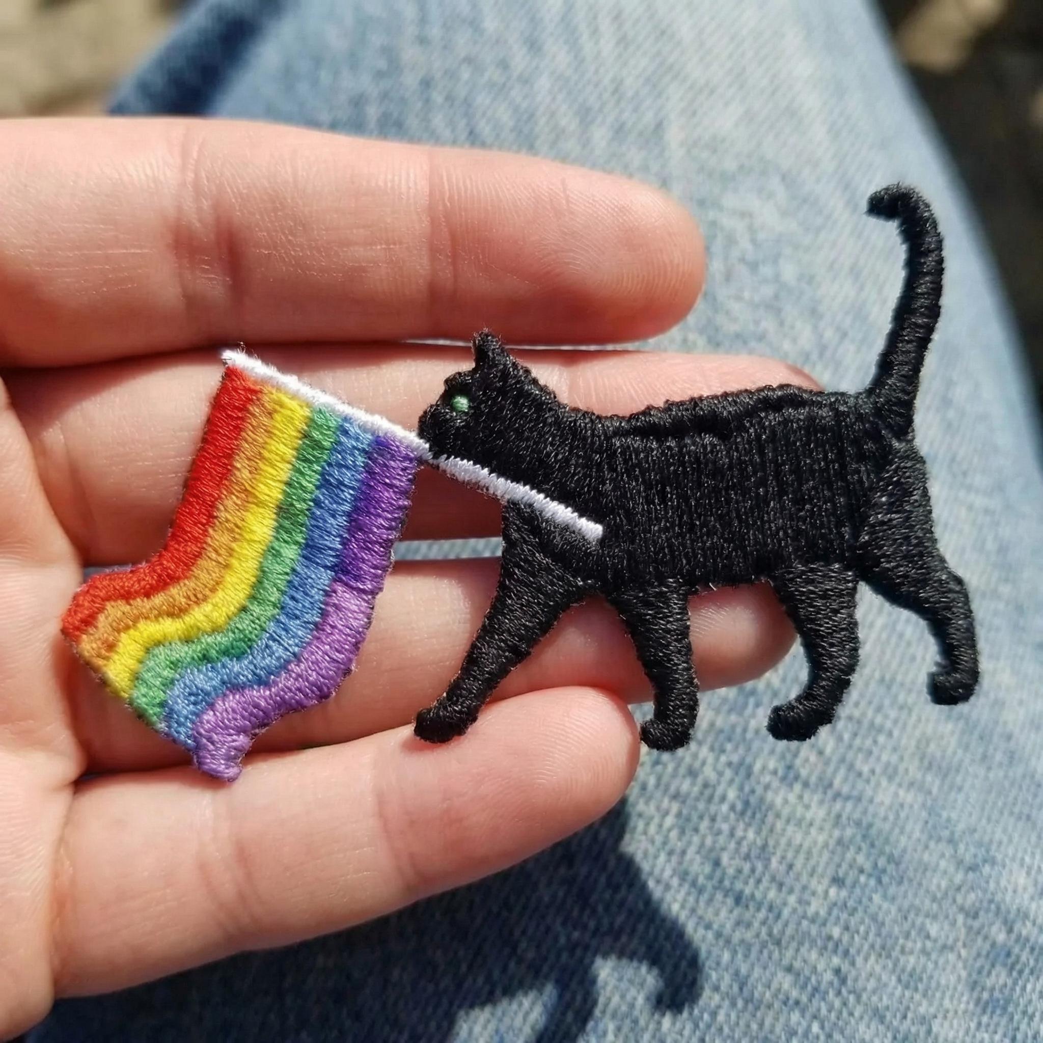 Embroidered Cat Patch – Rainbow Pride Flag, Iron on Sew on (3–6 Inches ...