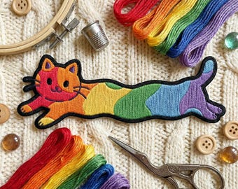 Rainbow Cat Embroidered Patch – Iron On Sew On Jacket Backpack Accessory