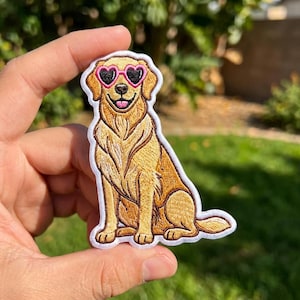 Golden Retriever Heart Sunglasses Patch, Cute Dog Iron On Applique, Cool Puppy Embroidered Badge, Dog Mom Gift for Backpacks