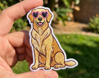 Golden Retriever Heart Sunglasses Patch, Cute Dog Iron On Applique, Cool Puppy Embroidered Badge, Dog Mom Gift for Backpacks
