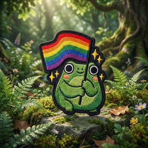 May include: Embroidered patch featuring a green frog holding a rainbow flag. The frog has large eyes and rosy cheeks, with yellow star accents. The patch is outlined in black, set against a lush, green forest background.