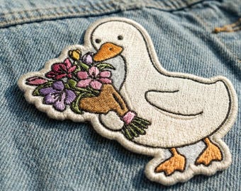 Flower Goose Embroidered Patch - Cute Goose with Flowers Patch, Cottagecore Animal Patch, Iron On Sew On Patch for Jacket, Backpack